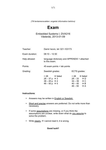 Embedded Systems I, DVA316 VÃ¤sterÃ¥s, 2013-01-09