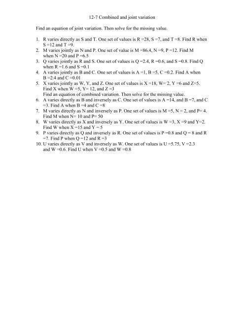 12-7 Combined and joint variation Find an equation of joint variation ...