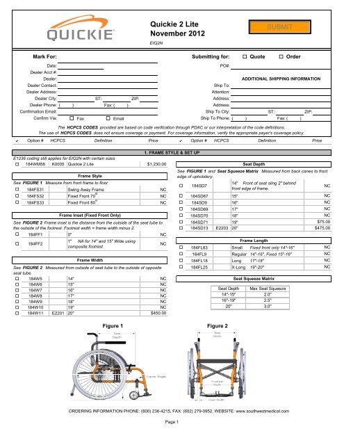 Quickie 2 Lite Order Form - Quickie-Wheelchairs.com