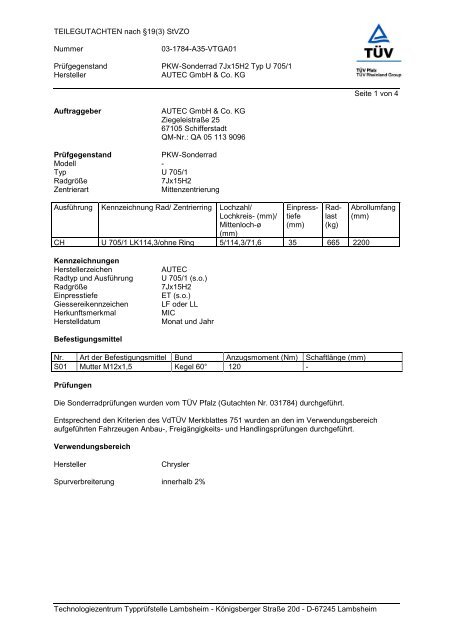 ABE + Teilegutachten U 705 - AUTEC GmbH & Co. KG