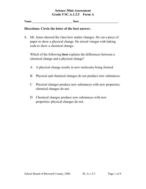 Science Mini-Assessment Grade 5 SC.A.1.2.5 Form A Directions ...