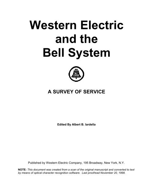 Western Electric and the Bell System - A SURVEY OF SERVICE