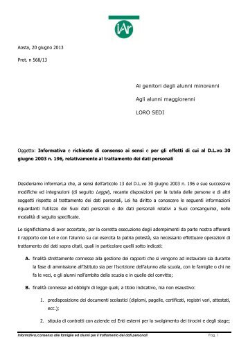 Modulo consenso trattamento dati - Institut Agricole RÃ©gional