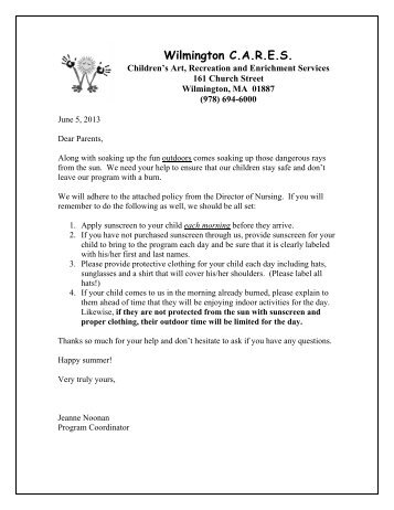 2013 Sunscreen Parent Letter - Wilmington Public Schools