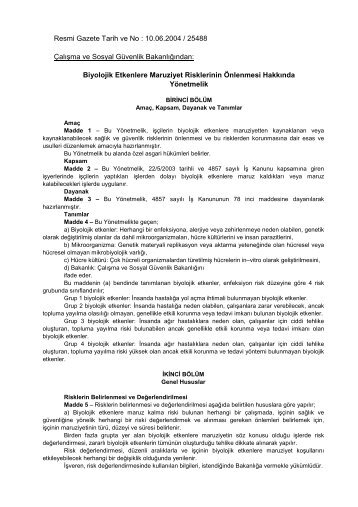 Biyolojik Etkenlere Maruziyet Risklerinin Önlenmesi Hakkında ...