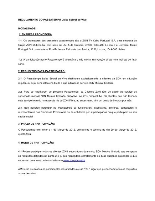 REGULAMENTO DO PASSATEMPO LuÃ­sa Sobral ao Vivo ... - Zon