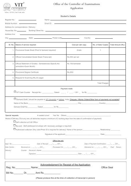 Transcripts request Form - VIT University