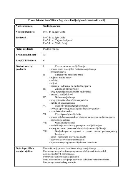 Studij smjera - smjer GPrOB - predmeti smjera - Pravni fakultet