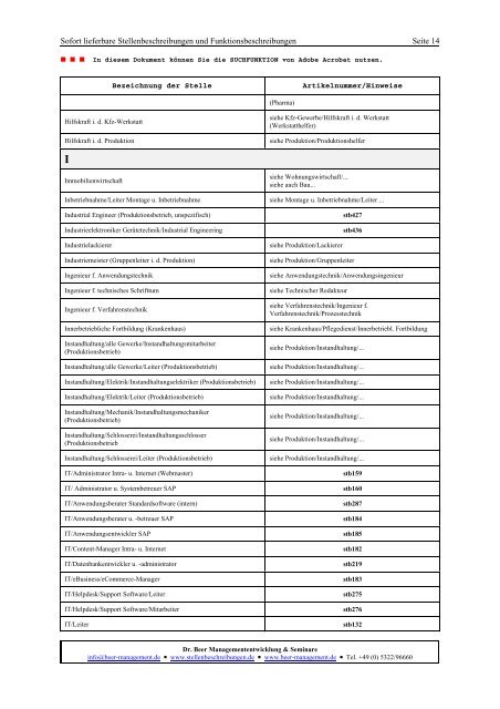 Alle lieferbaren Stellenbeschreibungen und Funktionsbeschreibungen