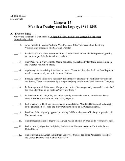Chapter 17 Manifest Destiny And Its Legacy 1841 1848 Main