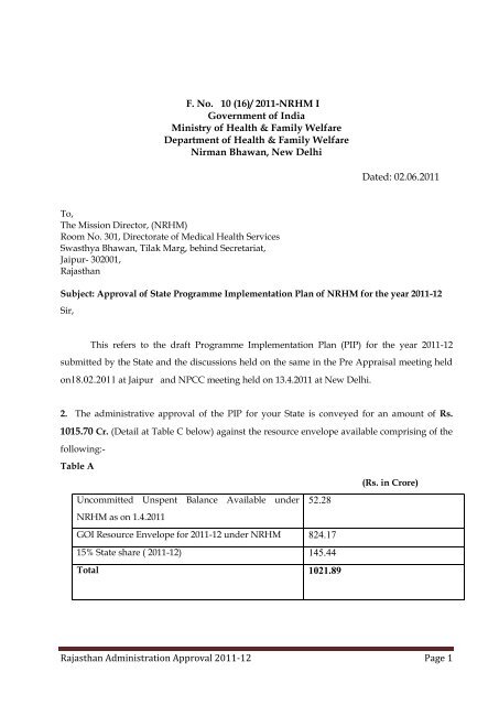 Rajasthan Administration Approval 2011-12 Page 1 F. No. 10 (16 ...