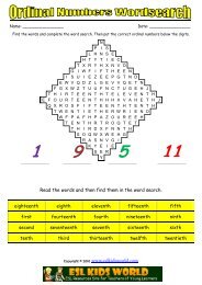 Ordinal Numbers Wordsearch Worksheet - Kids ESL Games