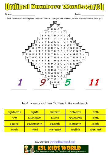 Ordinal Numbers Wordsearch Worksheet - Kids ESL Games