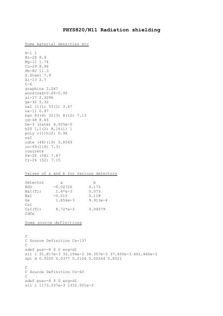 PHYS820/N11 Radiation shielding