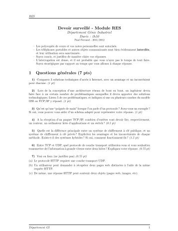 Devoir surveillÃ© - Module RES 1 Questions gÃ©nÃ©rales (7 pts)