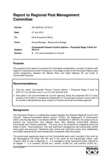 Coromandel Possum Control Options - Waikato Regional Council