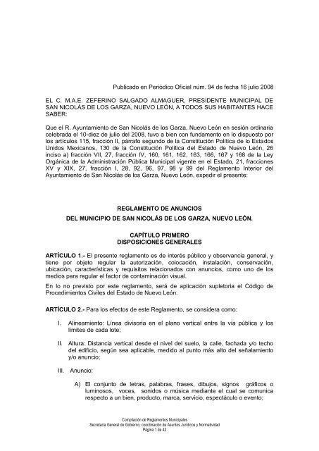 Reglamento de Anuncios del Municipio de San NicolÃ¡s de los ...