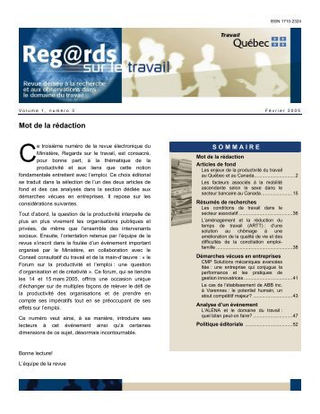 Regards sur le travail-Volume1, numÃ©ro3 - MinistÃ¨re du Travail ...