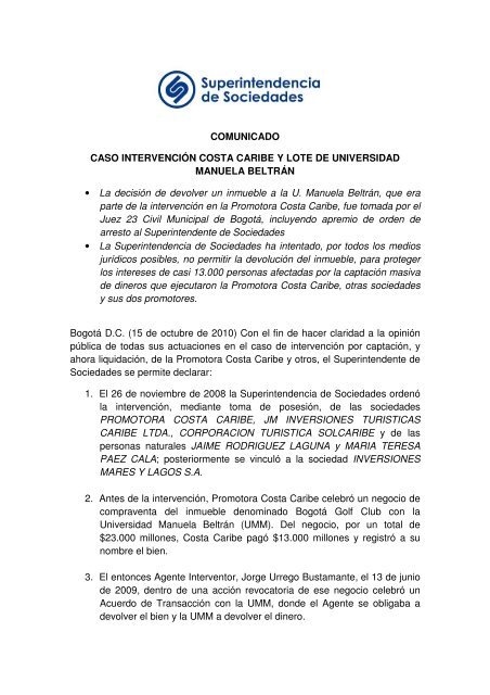 COMUNICADO CASO INTERVENCIÃN COSTA CARIBE Y LOTE ...