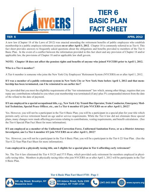 Tier 6 Basic Plan Fact Sheet - NYCERS