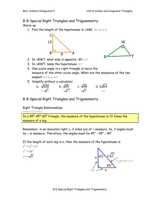 8-8 Special Right Triangles and Trigonometry notes