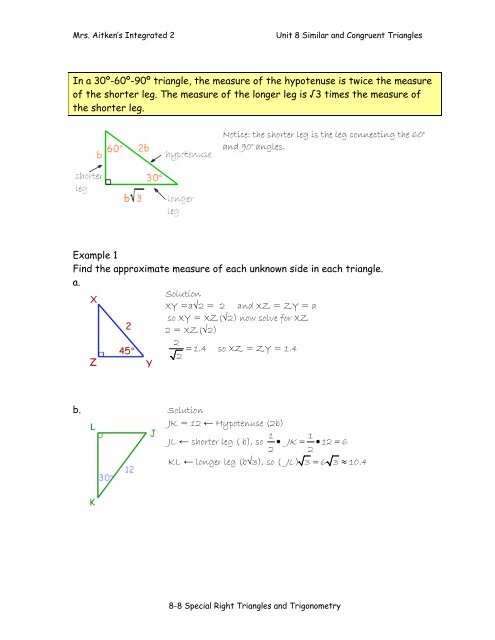 8-8 Special Right Triangles and Trigonometry notes