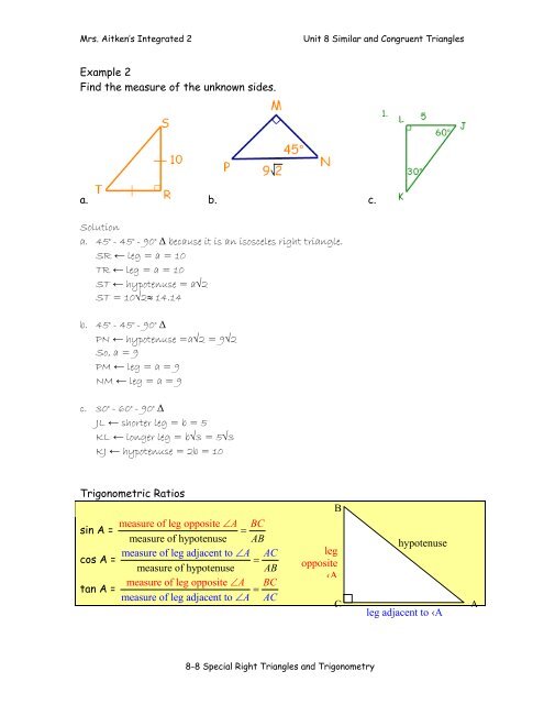 8-8 Special Right Triangles and Trigonometry notes