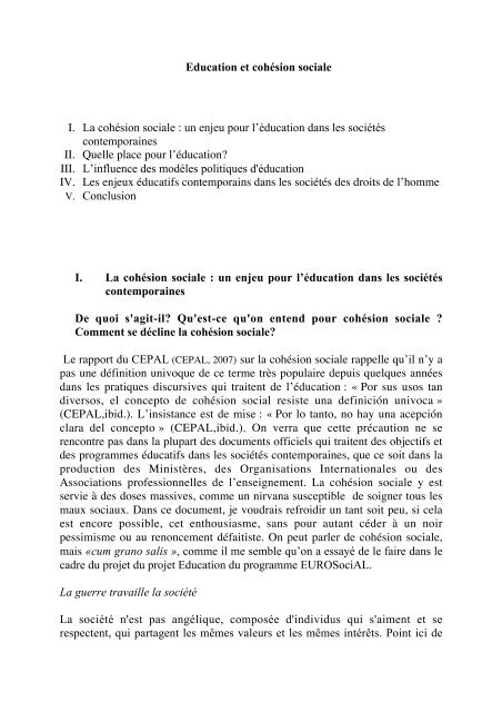 Education et cohÃ©sion sociale I. La cohÃ©sion sociale : un enjeu pour 
