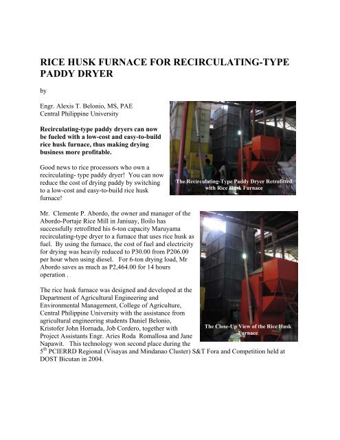 rice husk furnace for recirculating-type paddy dryer - BioEnergy ...