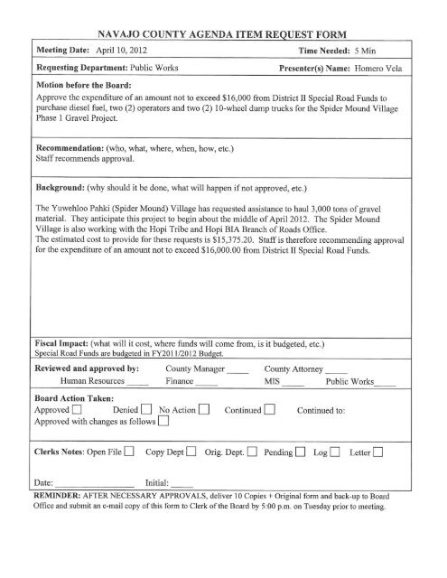 NAVAJO COUNTY AGENDA ITEM REQUEST FORM