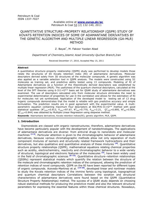 Quantitative structureÃ¢Â€Â“Property relationship (QSPR) study of Kovats ...