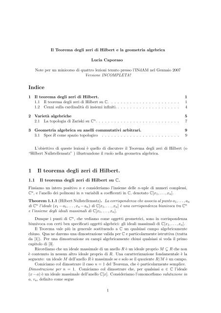 Il Teorema degli zeri di Hilbert e la geometria algebrica