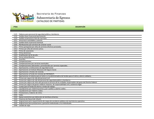 CatÃ¡logo de Partidas - SecretarÃ­a de Finanzas - DF - Gobierno del ...