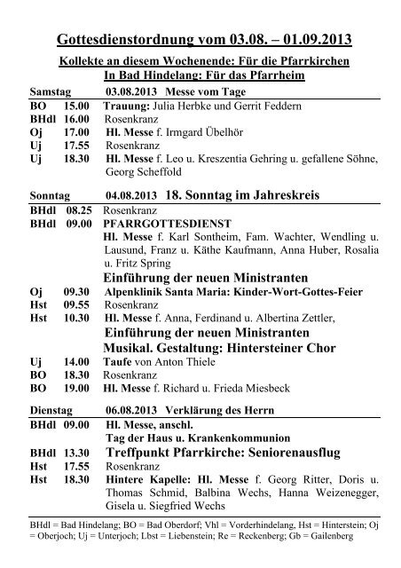 Gottesdienste vom 3. Aug. - 1. Sept. 13 - Kirche Hindelang