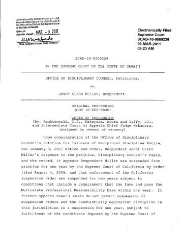 Hawai`i Supreme Court Order of Suspension for Janet Clare Miller