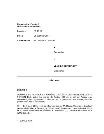 X c. Ville de Repentigny - Commission d'accÃ¨s Ã  l'information du ...