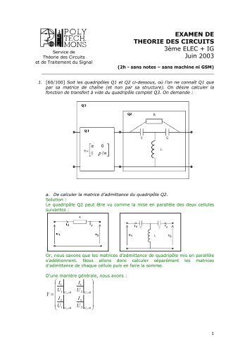 EXAMEN DE THEORIE DES CIRCUITS 3Ã¨me ELEC + IG Juin 2003