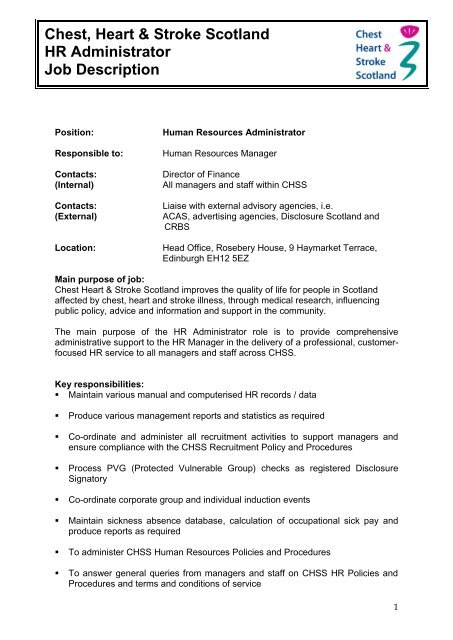 Chest Heart Stroke Scotland Hr Administrator Job Description