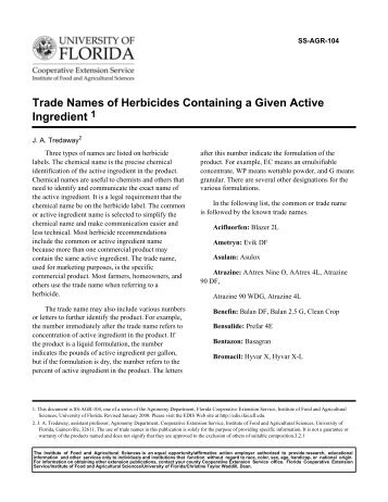 Trade Names of Herbicides Containing a Given Active Ingredient 1