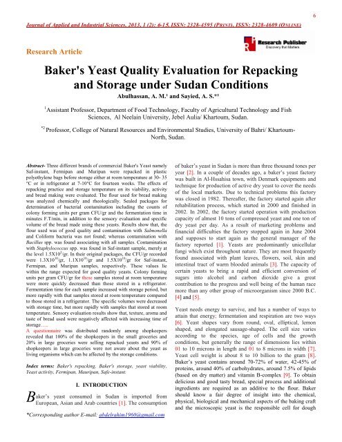 Baker's Yeast Quality Evaluation for Repacking and Storage under ...