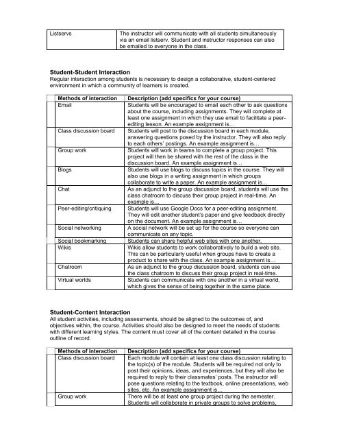 Learning Activities that Foster Interaction