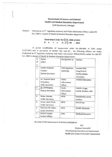 Nomination of 1st Appellate Authority and PIO under RTI Act,2009 in ...