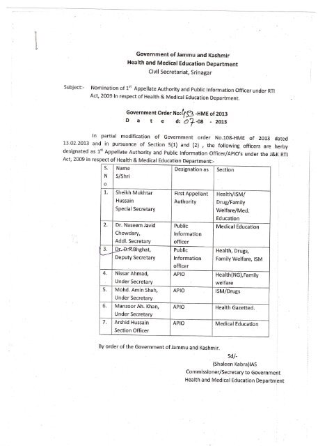 Nomination of 1st Appellate Authority and PIO under RTI Act,2009 in ...