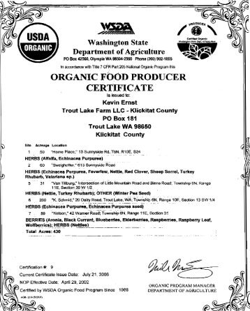 Nutrilite Trout Lake Farm Organic Certificate