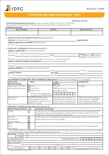 Third Party Payment Declaration Form. - IDFC Mutual Fund