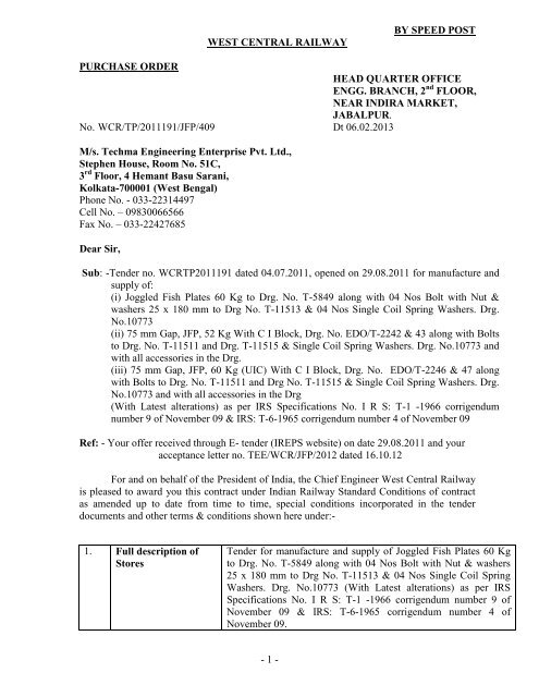 1 - by speed post west central railway purchase order head quarter ...