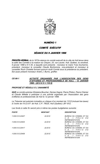 numéro 1 comité exécutif séance du 9 janvier 1998 - Ville de Gatineau