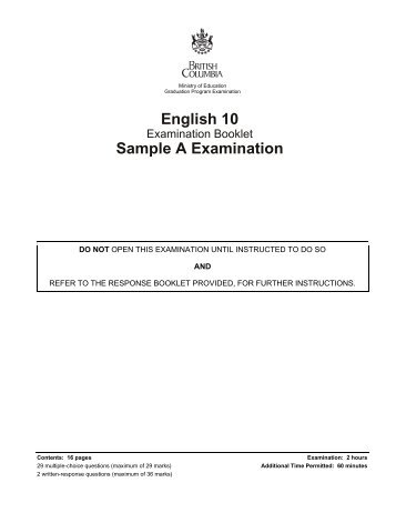 English 10 Sample A Examination - QuestionBank.CA