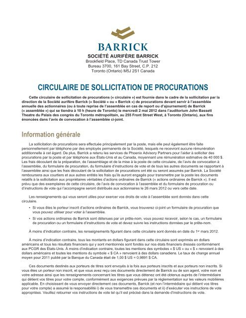 2012 Circulaire de sollicitation de procurations - Barrick Gold ...