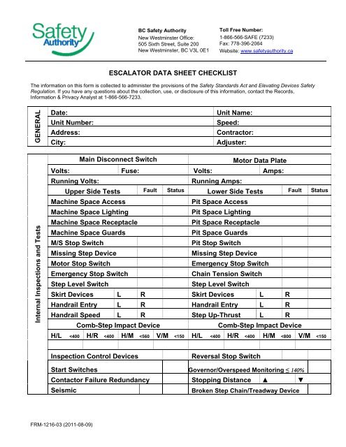 Escalator Data Sheet Checklist Form 1216 - BC Safety Authority